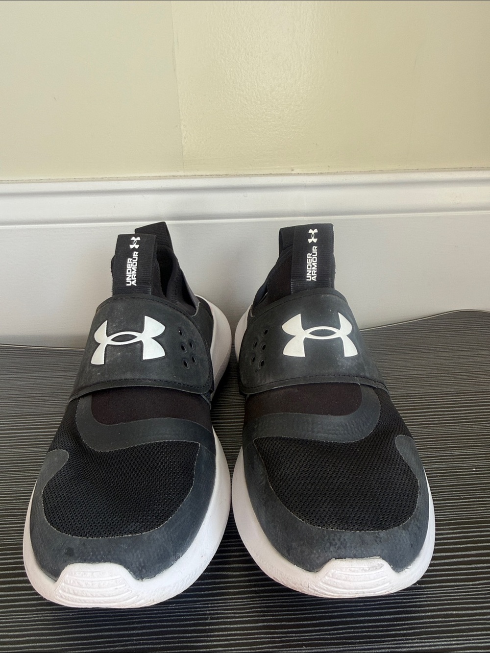 Under Armour Women’s Runplay Black & White Slip-On Sneakers